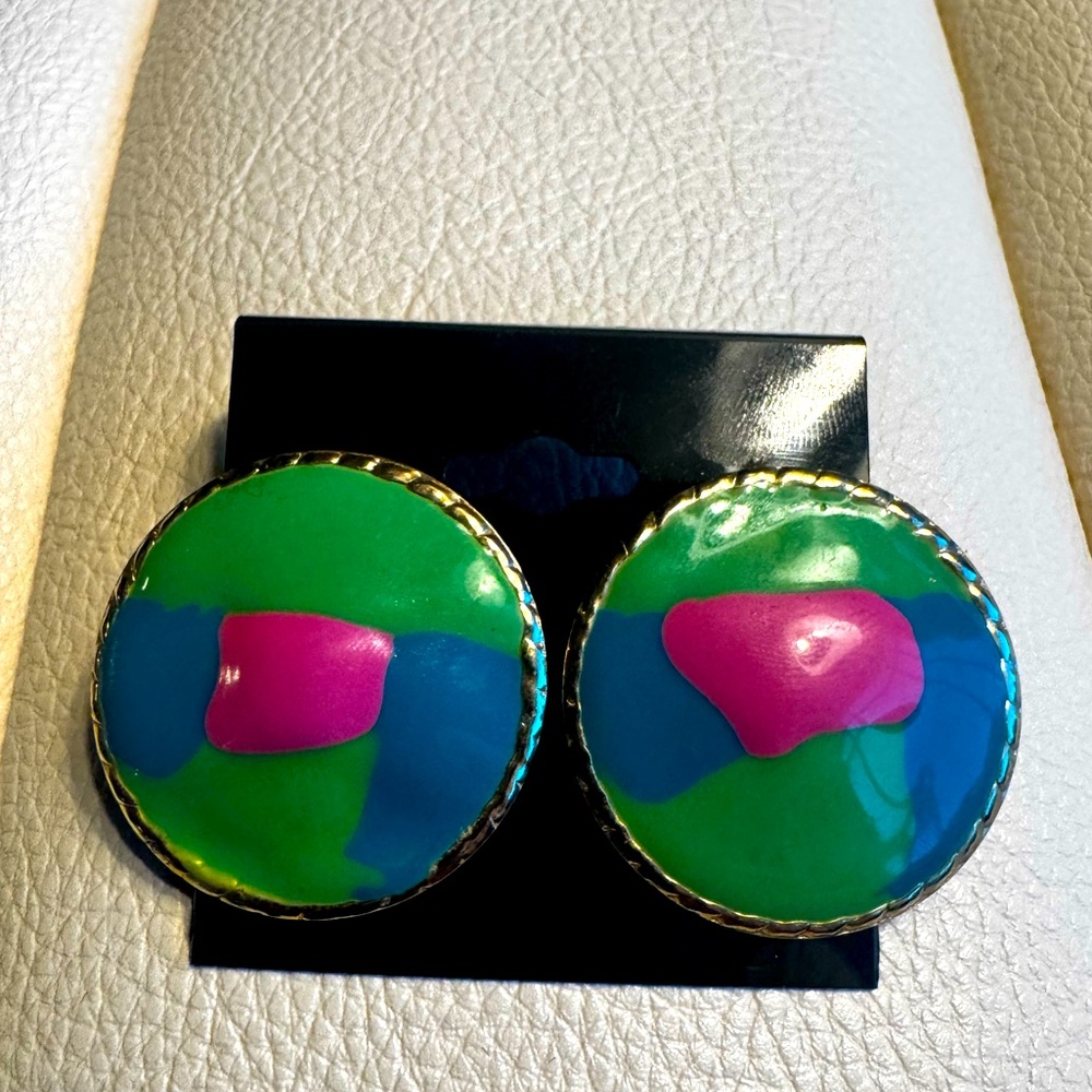 Vintage Round Earrings Green & Pink